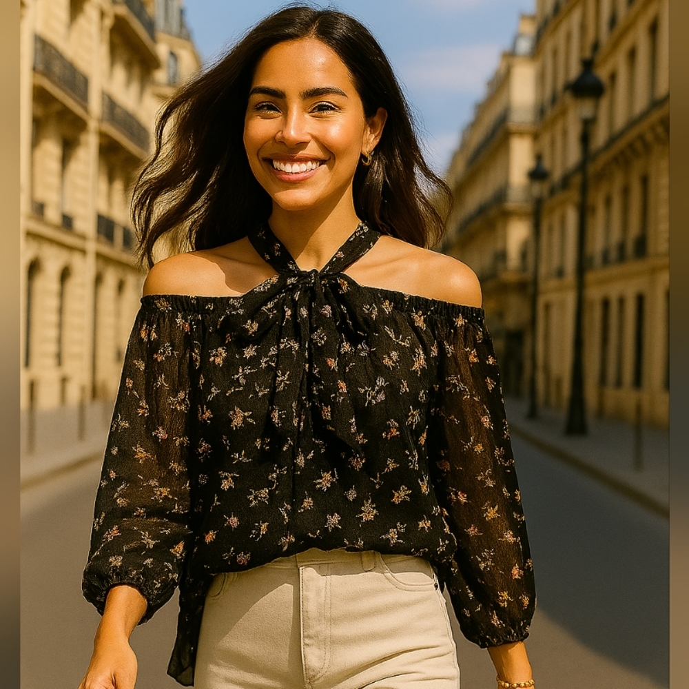 Floral Off-Shoulder Black Top